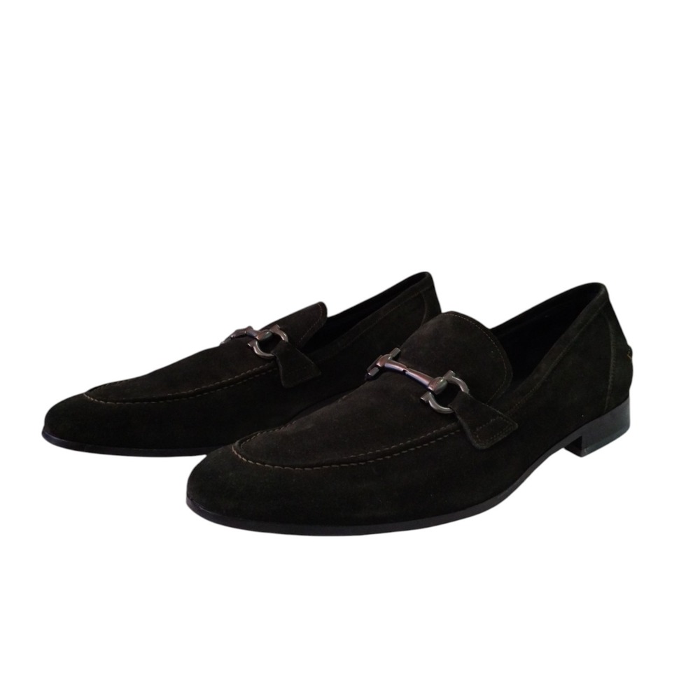 Ferragamo Gancini Ornament Bit Suede Leather Moccasin Loafers Shoes Dark Olive